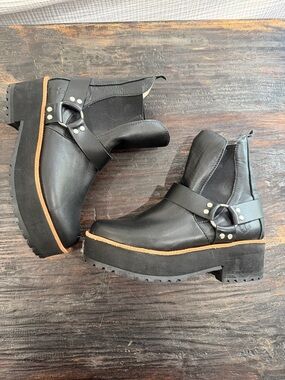 Black wedge heel chunky biker faux leather ankle boots